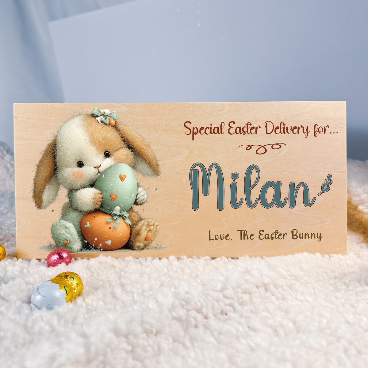 Personalised Easter Crate – Heart Egg Hug Bunny Design