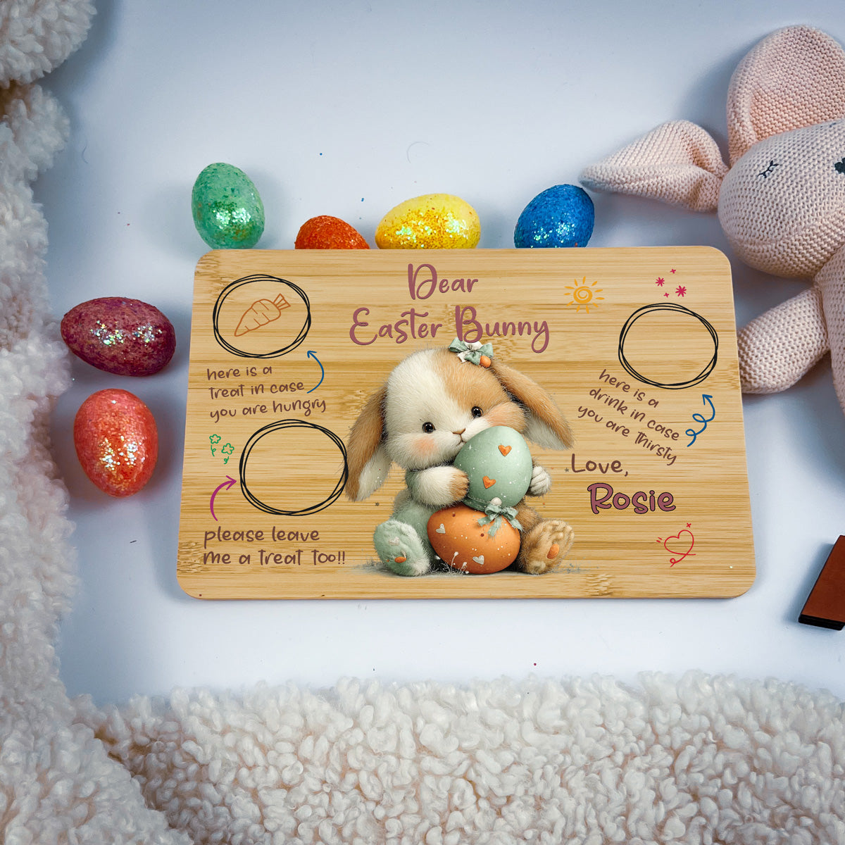 Personalised Easter Bunny Tray – Heart Egg Hug Design