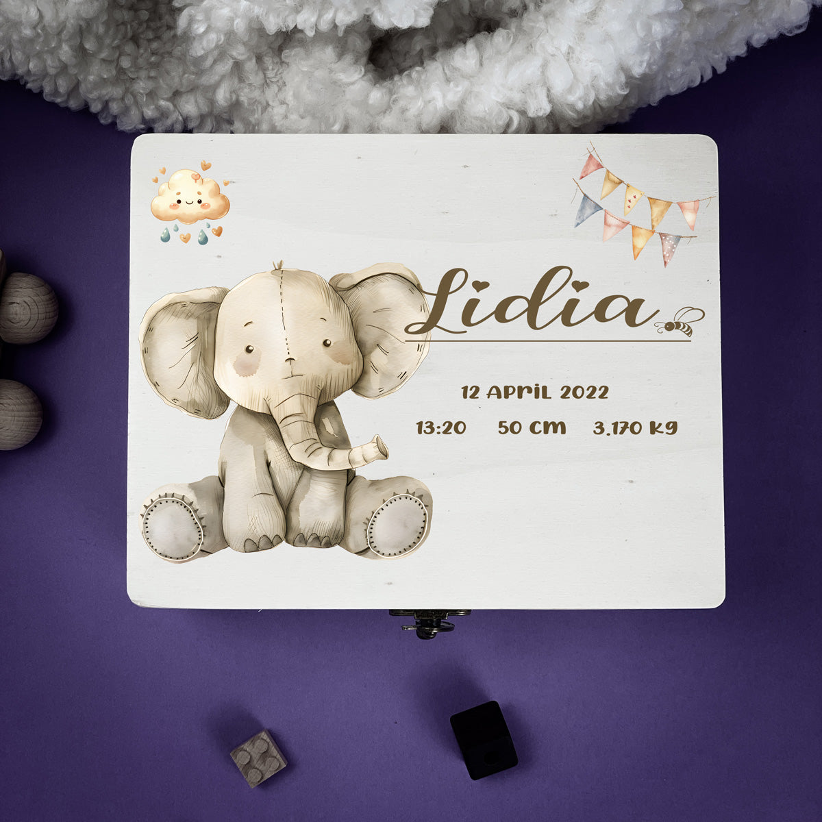 Personalised Kids Keepsake Box – Elephant Design (Memory Gift)