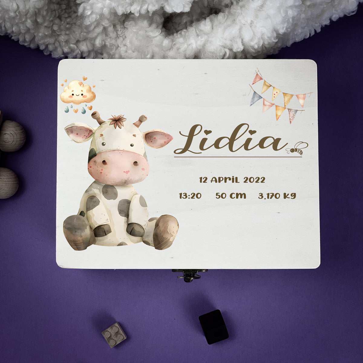 Personalised Kids Keepsake Box – Cow Design (Memory Gift)
