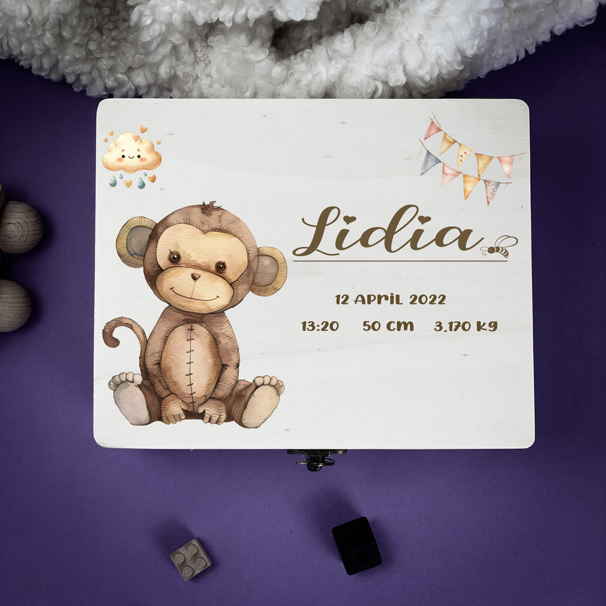 Personalised Kids Keepsake Box – Monkey Design (Memory Gift)