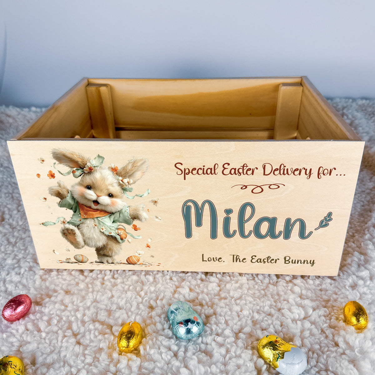 Personalised Easter Crate – Dancing Petal Bunny Design