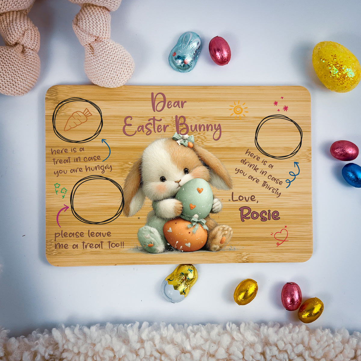 Personalised Easter Bunny Tray – Heart Egg Hug Design