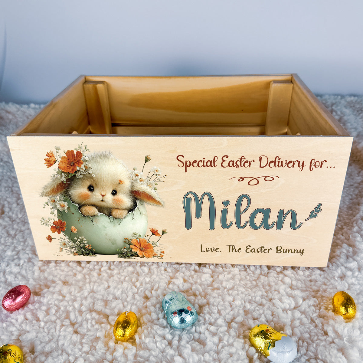 Personalised Easter Crate – Egg Nest Peek Bunny Design