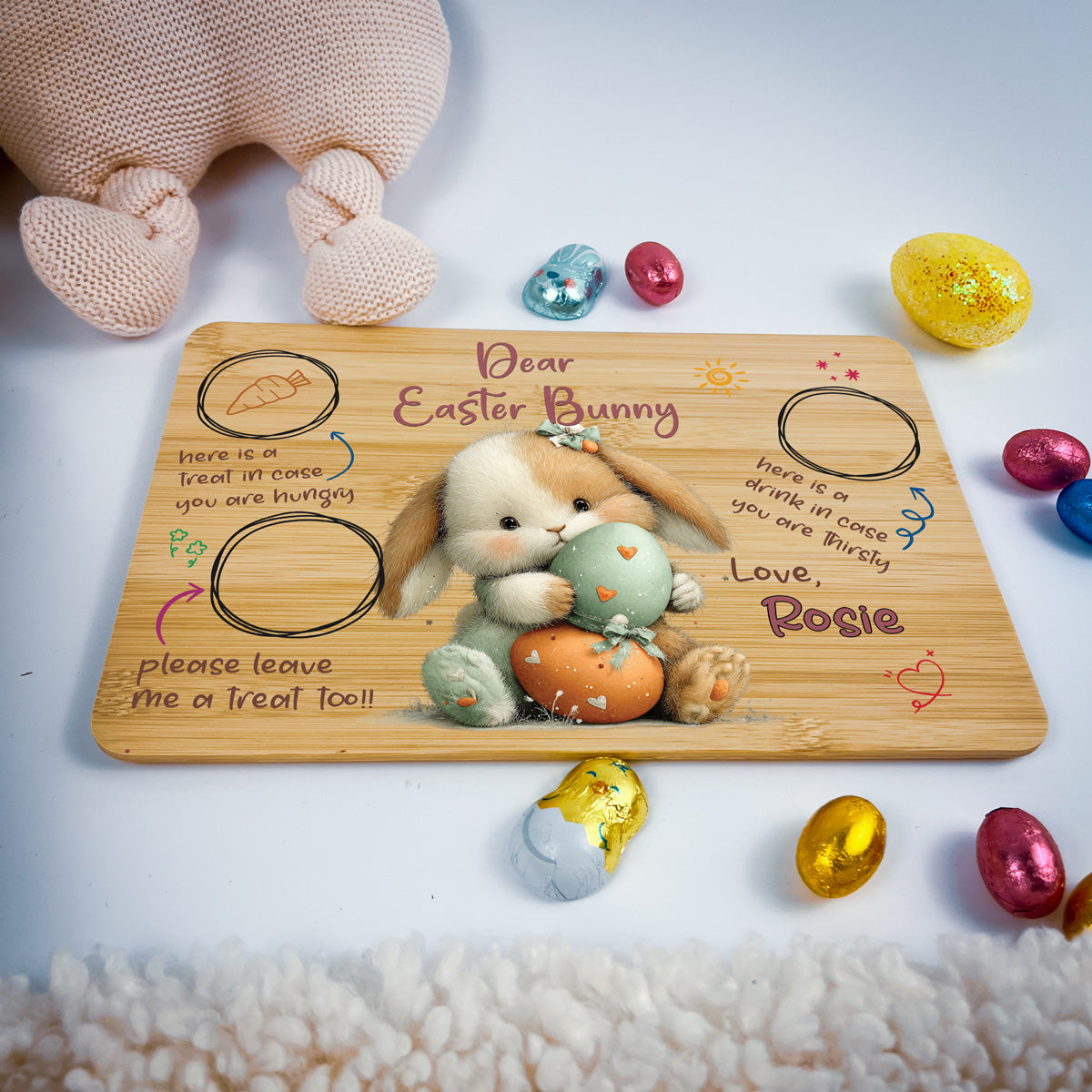 Personalised Easter Bunny Tray – Heart Egg Hug Design