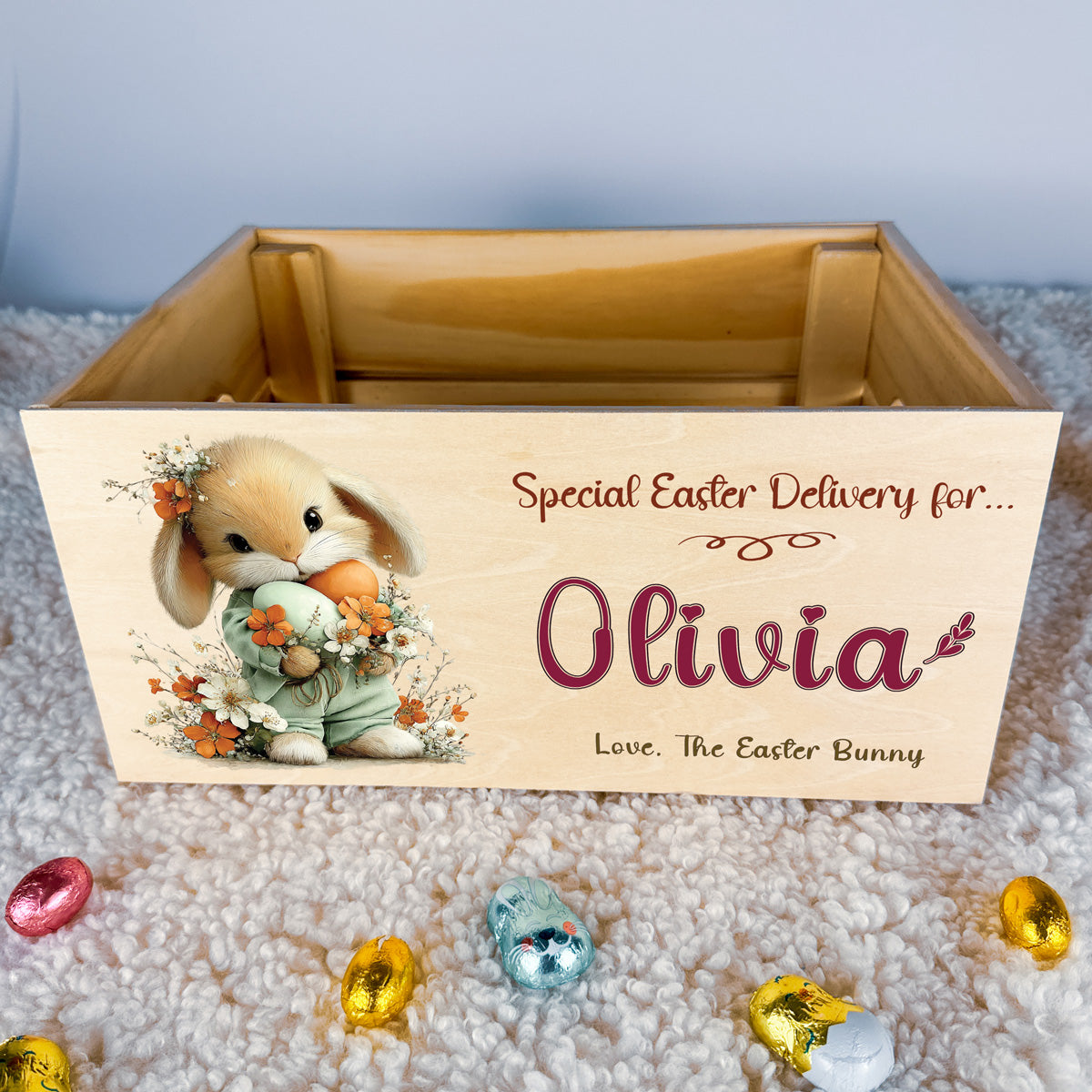 Personalised Easter Crate – Floral Egg Cuddle Bunny Design