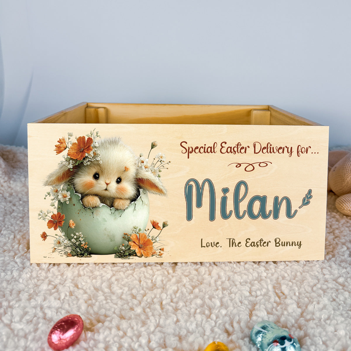 Personalised Easter Crate – Egg Nest Peek Bunny Design