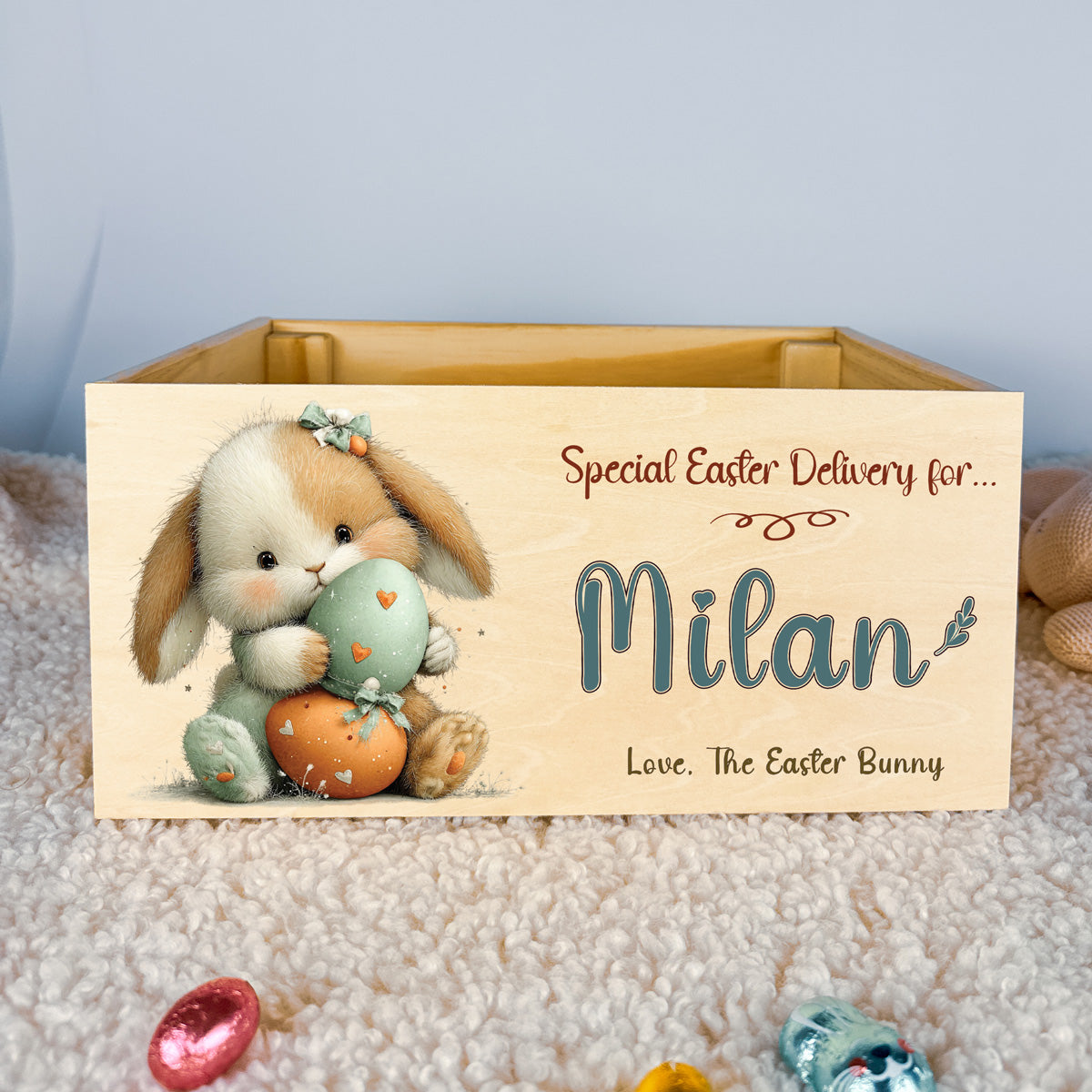 Personalised Easter Crate – Heart Egg Hug Bunny Design
